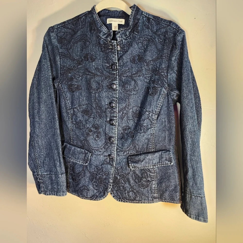 Coldwater Creek Dark Blue Embroidered Jean Fitted Jacket Sz 10p - Picture 1 of 9